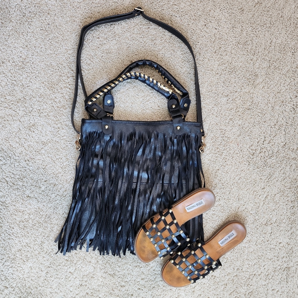 Steve Madden Brown Slide Sandals Black Gold Spheres Straps Size 9 + FREE BAG - Picture 6 of 10